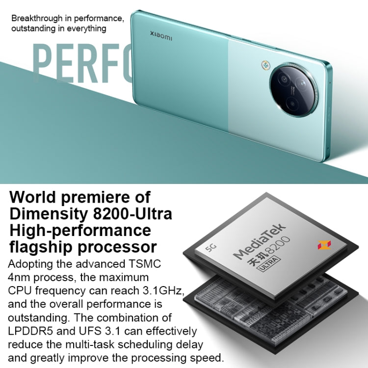 Triple Back Cameras + Dual Front Cameras, In-screen Fingerprint Identification, 4500mAh Battery, 6.55 inch MIUI 14 Dimensity 8200-Ultra Octa Core 4nm up to 3.1GHz, Network: 5G, NFC, 16GB+1TB Triple Back Cameras + Dual Front Cameras, In-screen Fingerprint Identification, 4500mAh Battery, 6.55 inch MIUI 14 Dimensity 8200-Ultra Octa Core 4nm up to 3.1GHz, Network: 5G, NFC, 16GB+1TB